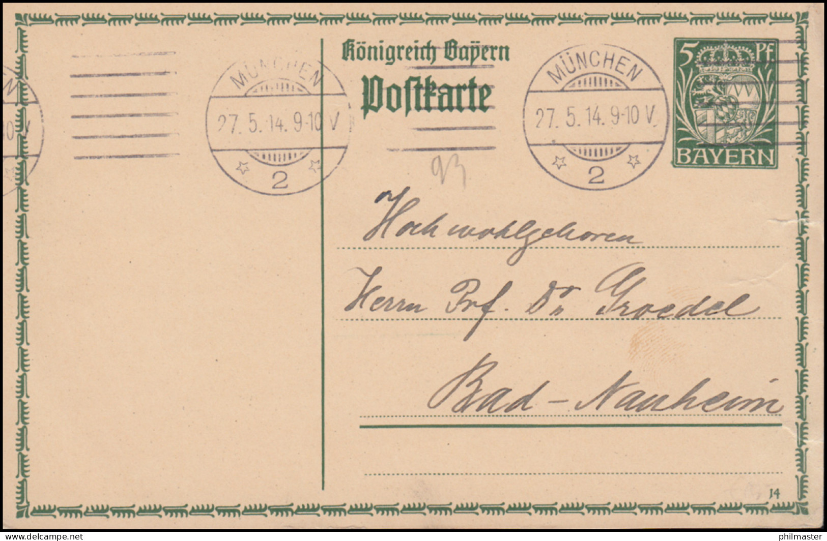 Bayern Postkarte P 93I/01 Neues Wappen DV 14 MÜNCHEN 27.5.1914 Nach Bad Nauheim - Ganzsachen