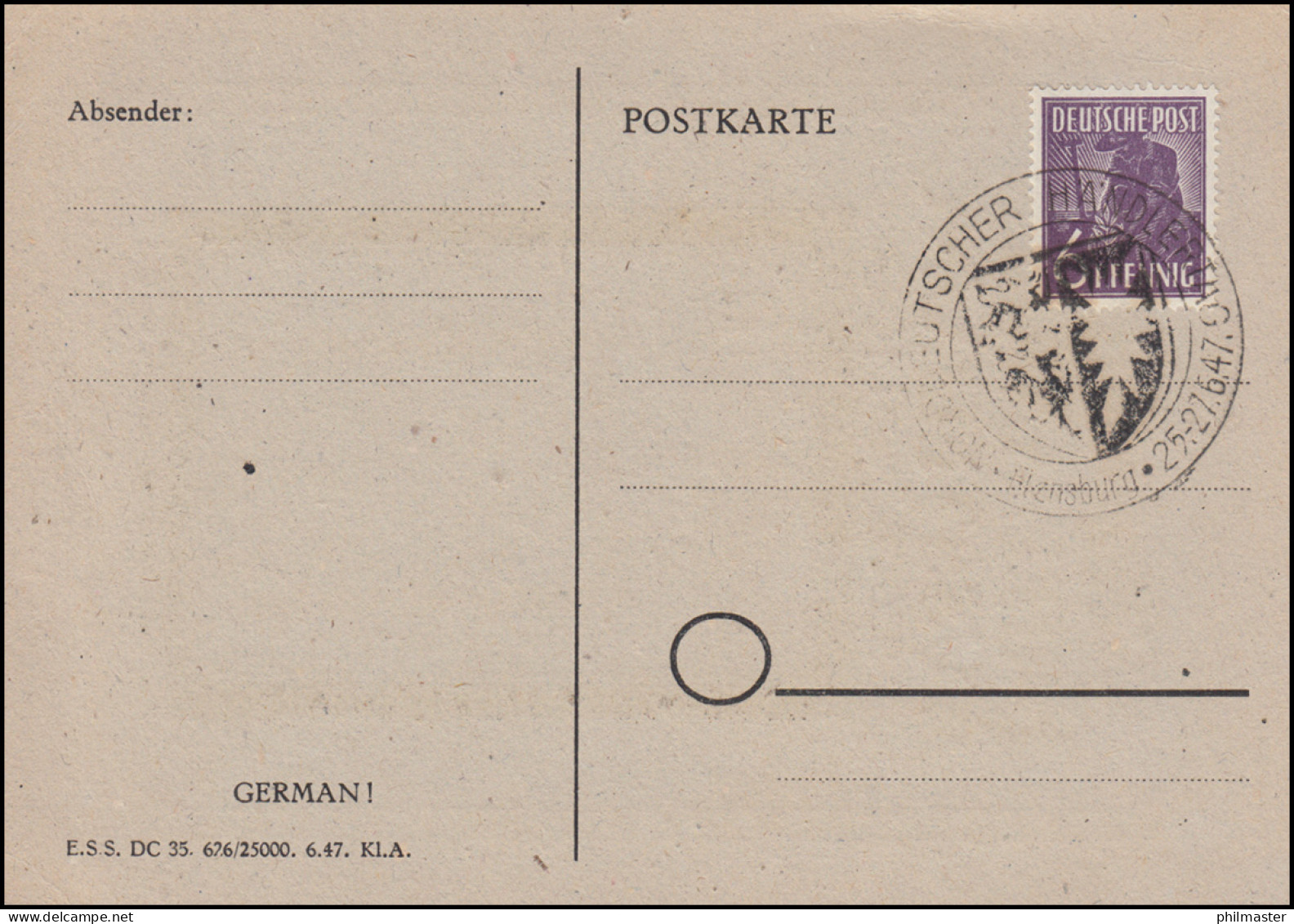 Sonderkarte Flensburger Briefmarkenausstellung Pass. SSt FLENSBURG 25.-27.6.1947 - Expositions Philatéliques