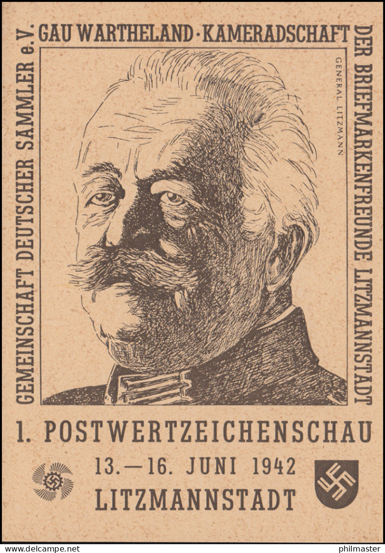 PP 156 Zur 1. Postwertzeichenschau, Passender SSt LITZMANNSTADT 13.-16.6.1942 - Briefmarkenausstellungen