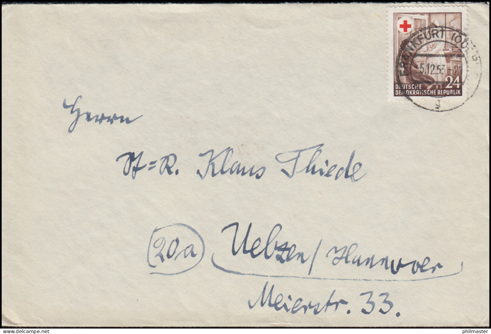 385 Rotes Kreuz Als EF Auf Brief FRANKFURT / ODER 5.12.1953 Nach Uelzen/Hannover - Rotes Kreuz