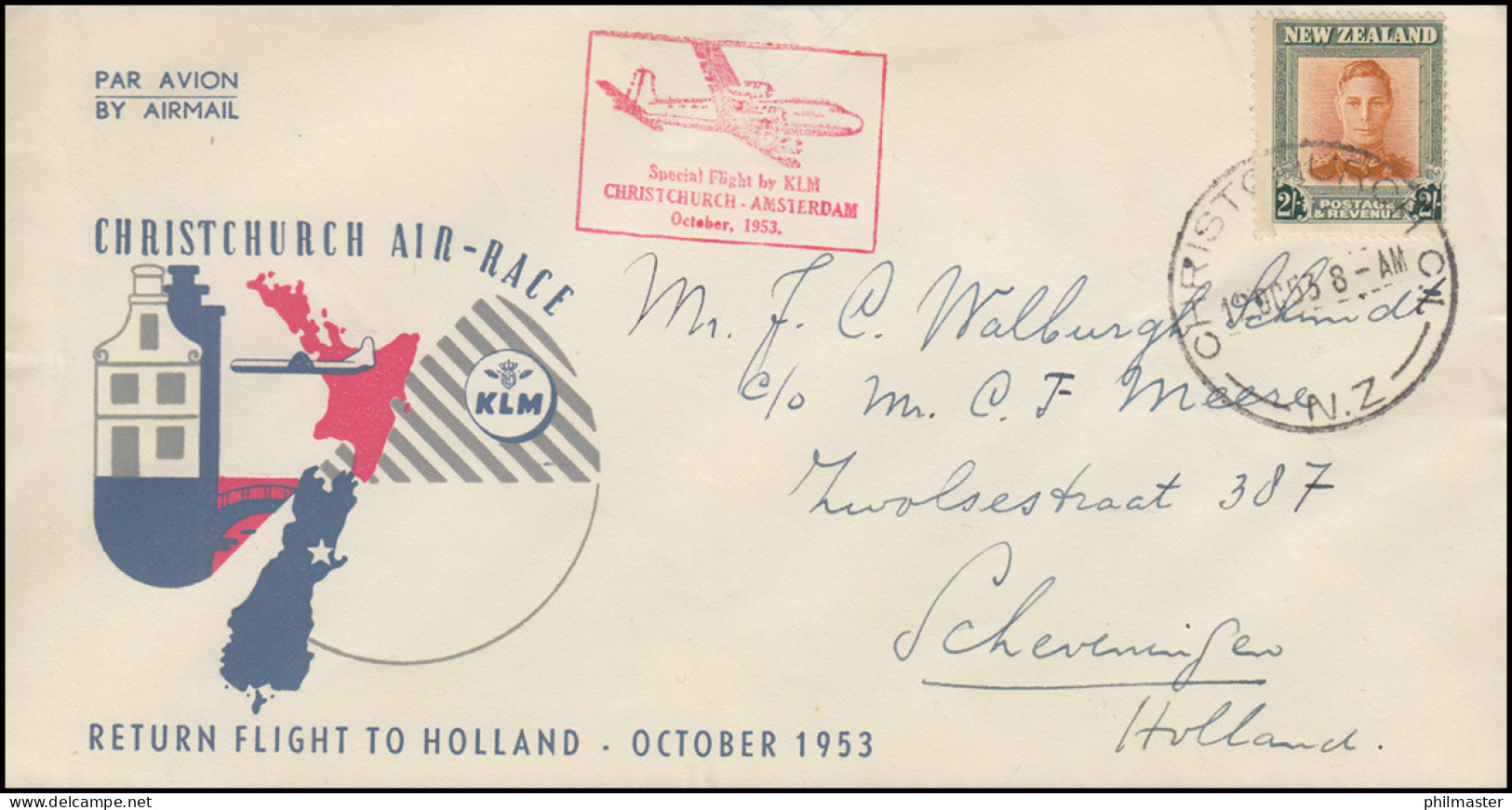 KLM-Luftpost Spezialflug Christchurch Air-Race Amsterdam Oktober 1953, 12.10.53 - Airmail