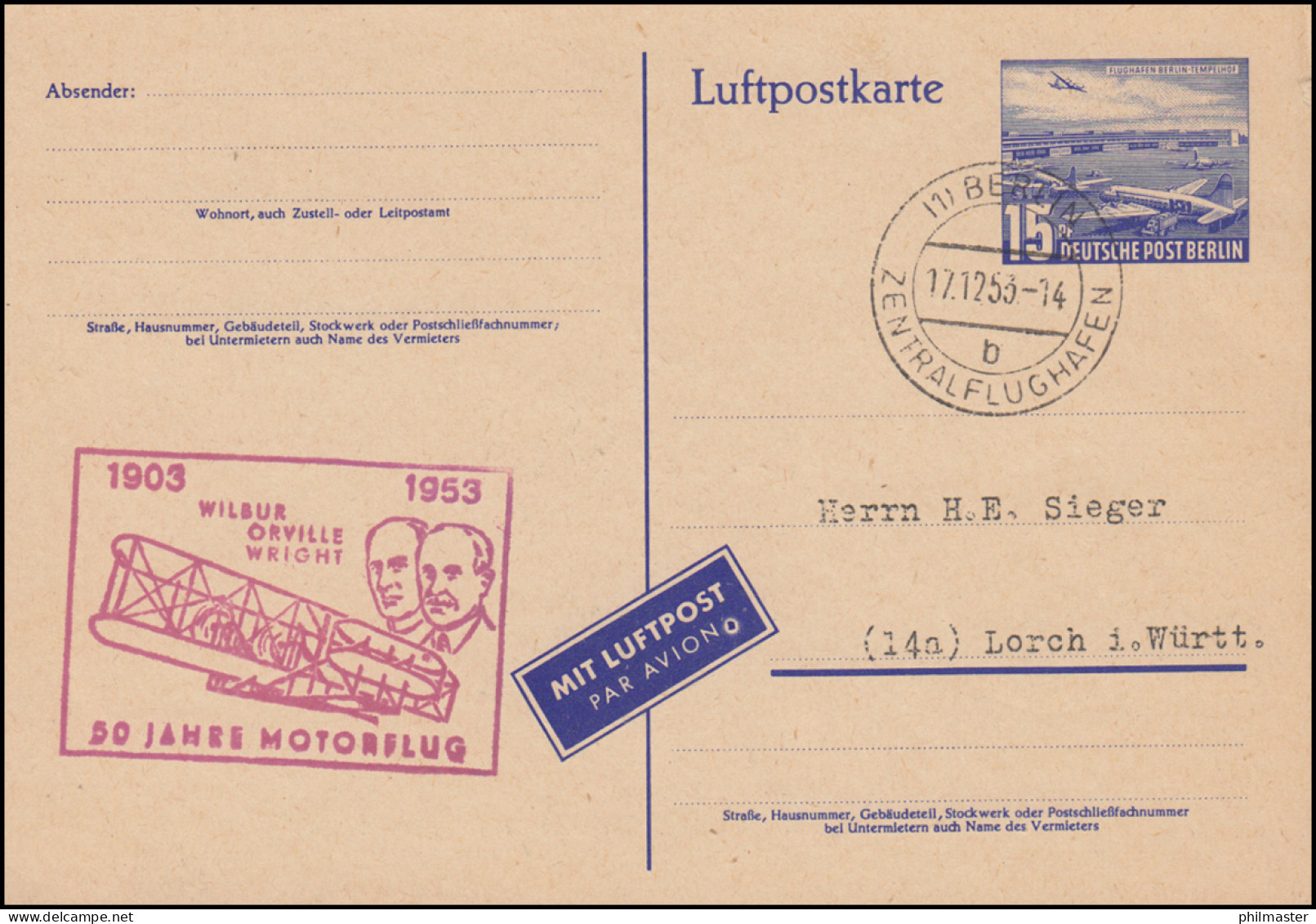 P 16a Flughafen-Berlin Tempelhof Motorflug Wright BERLIN-ZENTRALFLUGH. 17.12.53 - Sonstige & Ohne Zuordnung