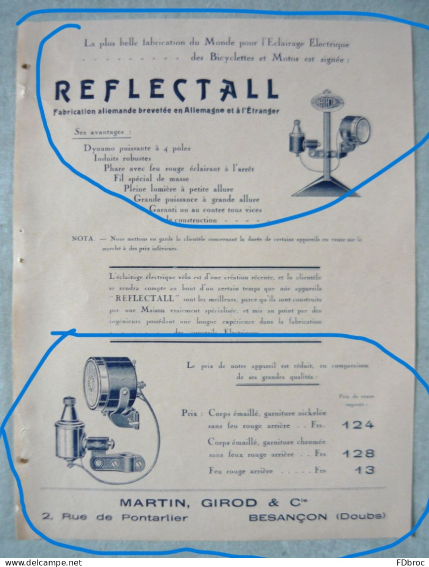 Ancienne Publicité REFLECTALL Phare De Cycles Vélo Ancien Moto - Ets MARTIN GIROD & Cie à PONTARLIER Doubs - Pubblicitari