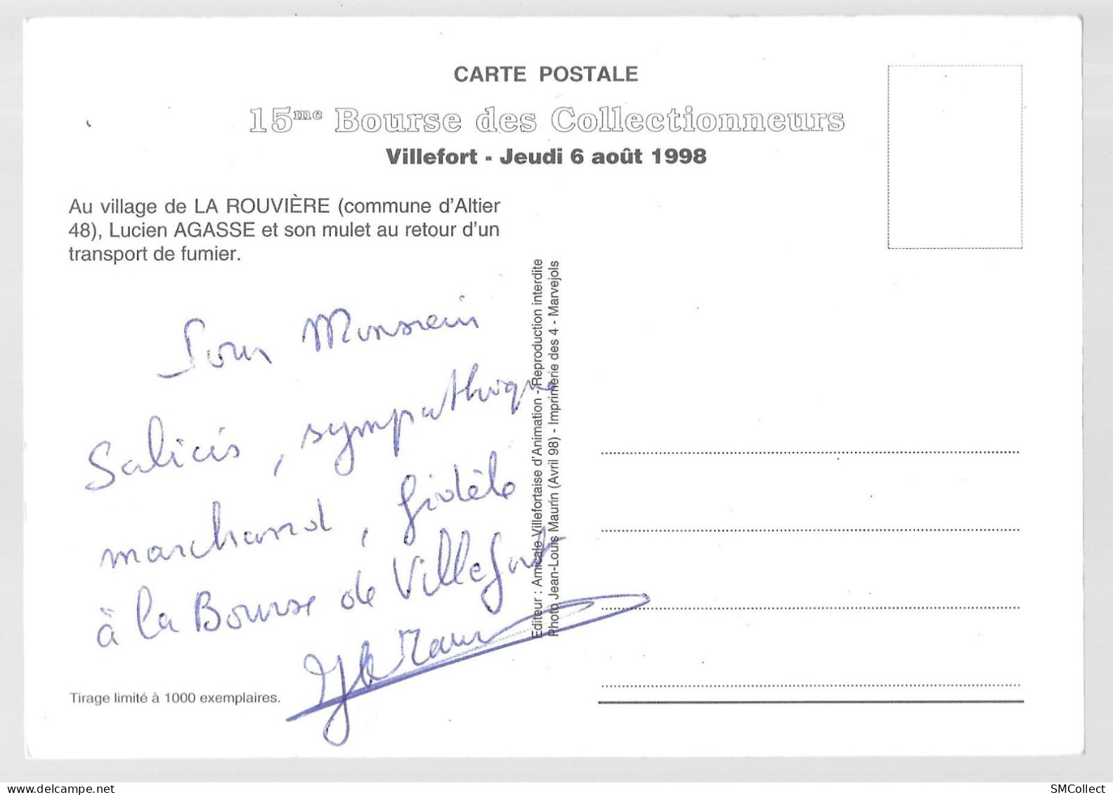 Altier. La Rouvière. Lucien Agasse Et Son Mulet. CP Support De La 15ème Bourse Des Collectionneurs De Villefort (GF3892) - Beursen Voor Verzamellars