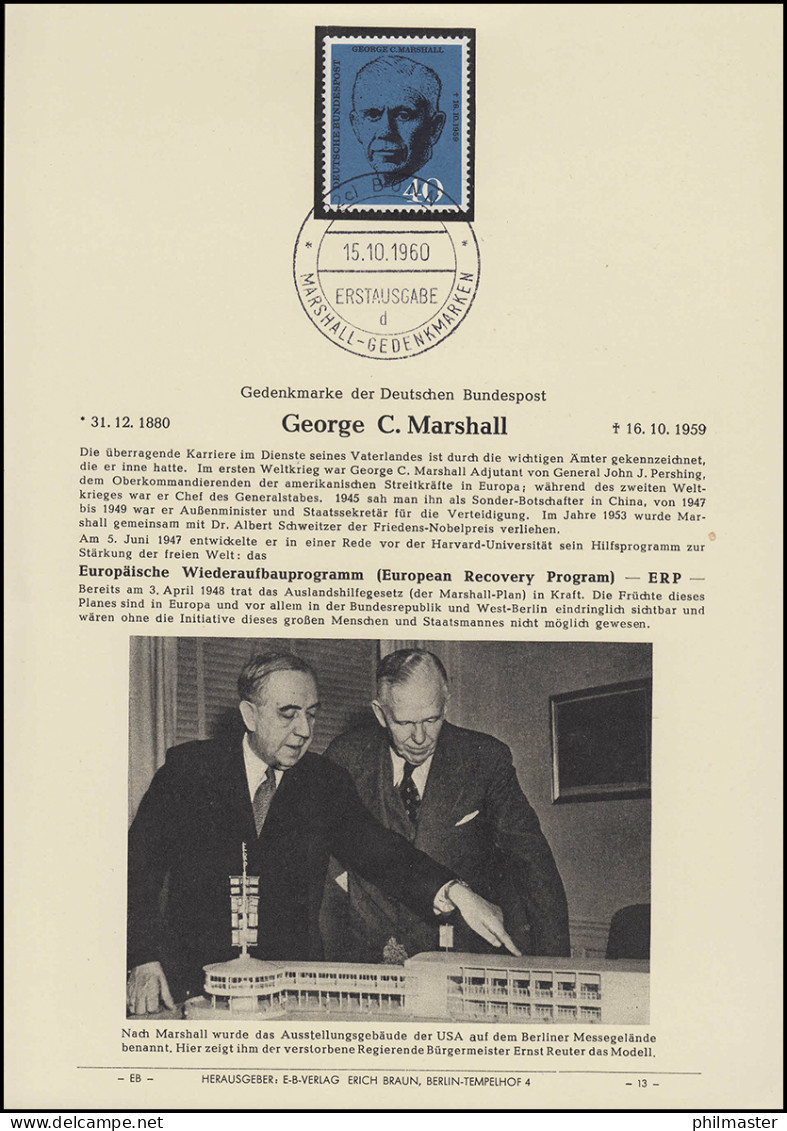 ETB E-B-Verlag Berlin: 344 Marshall - ERP, ESSt BONN 15.10.1960 (EB 13) - Nobelpreisträger