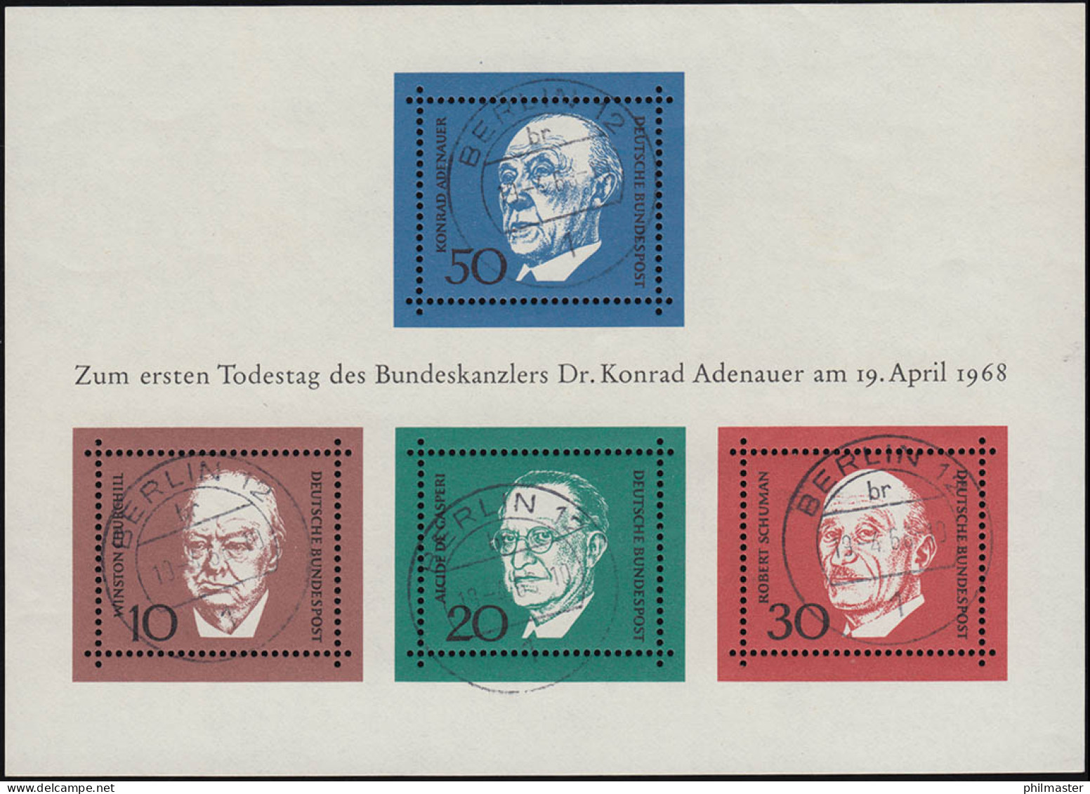 Block 4 Konrad Adenauer 1968- Vier Zentrische Ersttagsstempel BERLIN 19.4.68 - Used Stamps