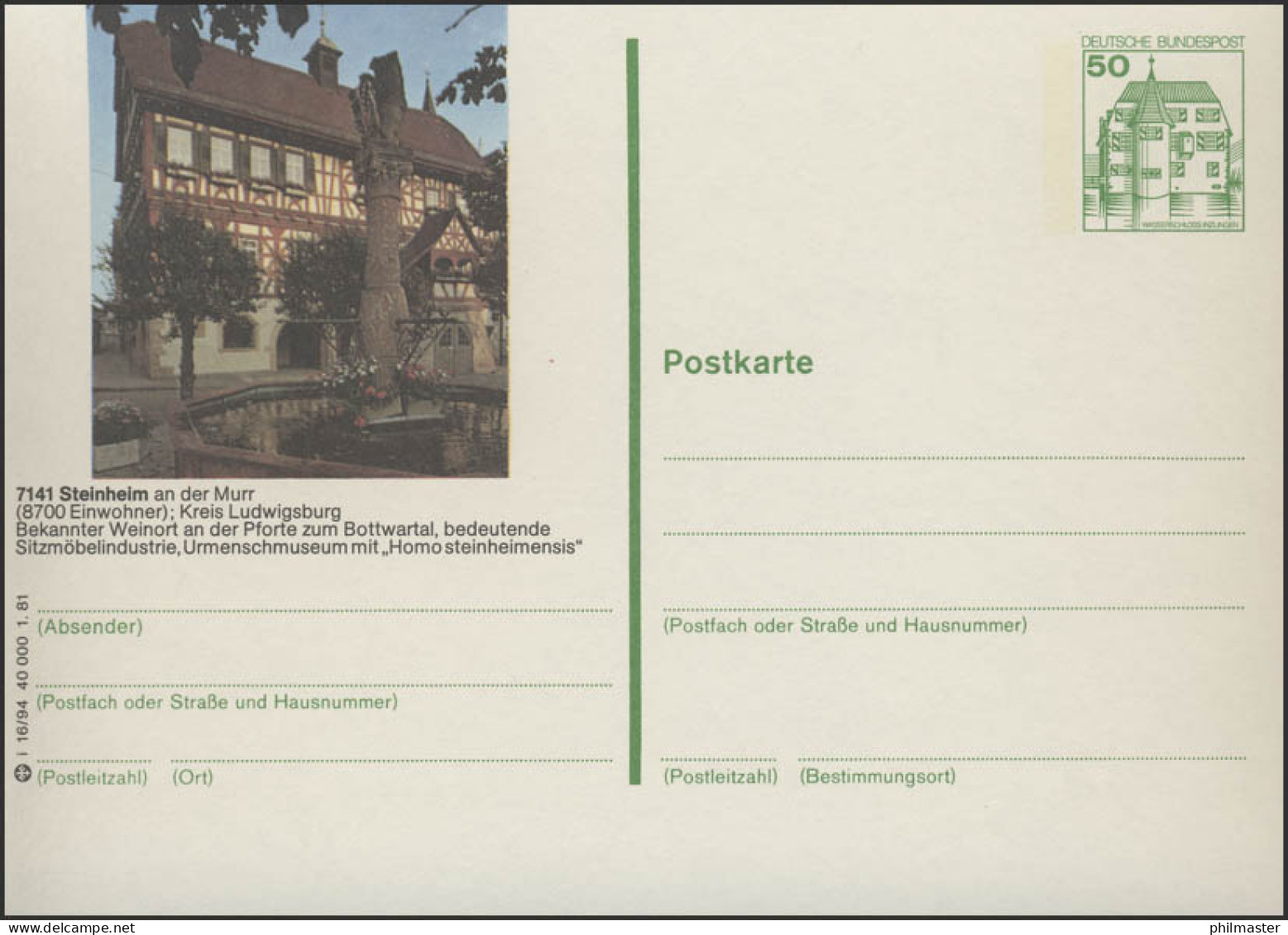 P134-i16/094 - 7141 Steinheim/Murr, Fachwerkhaus ** - Cartoline Illustrate - Nuovi