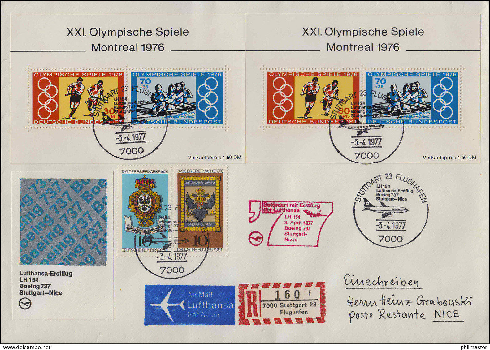 Erstflug Lufthansa Boing 737 LH 154 Stuttgart 3.4.77/ Nizza (Nice) R-Brief - Erst- U. Sonderflugbriefe