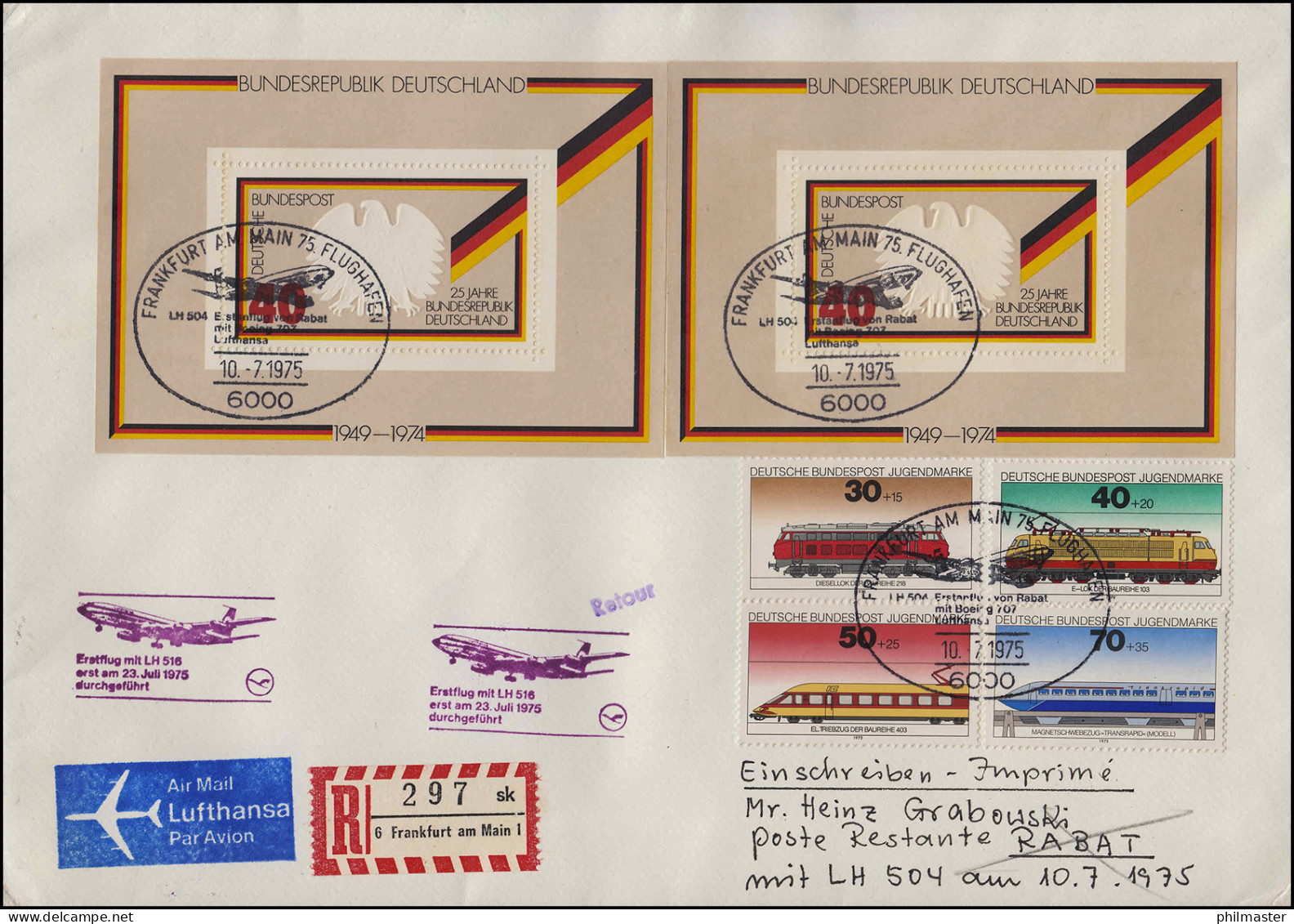 Erstflug Luftpost Lufthansa LH 516 Frankfurt Main 10.7.75/ Rabat 23.7.75 R-Brief - Premiers Vols