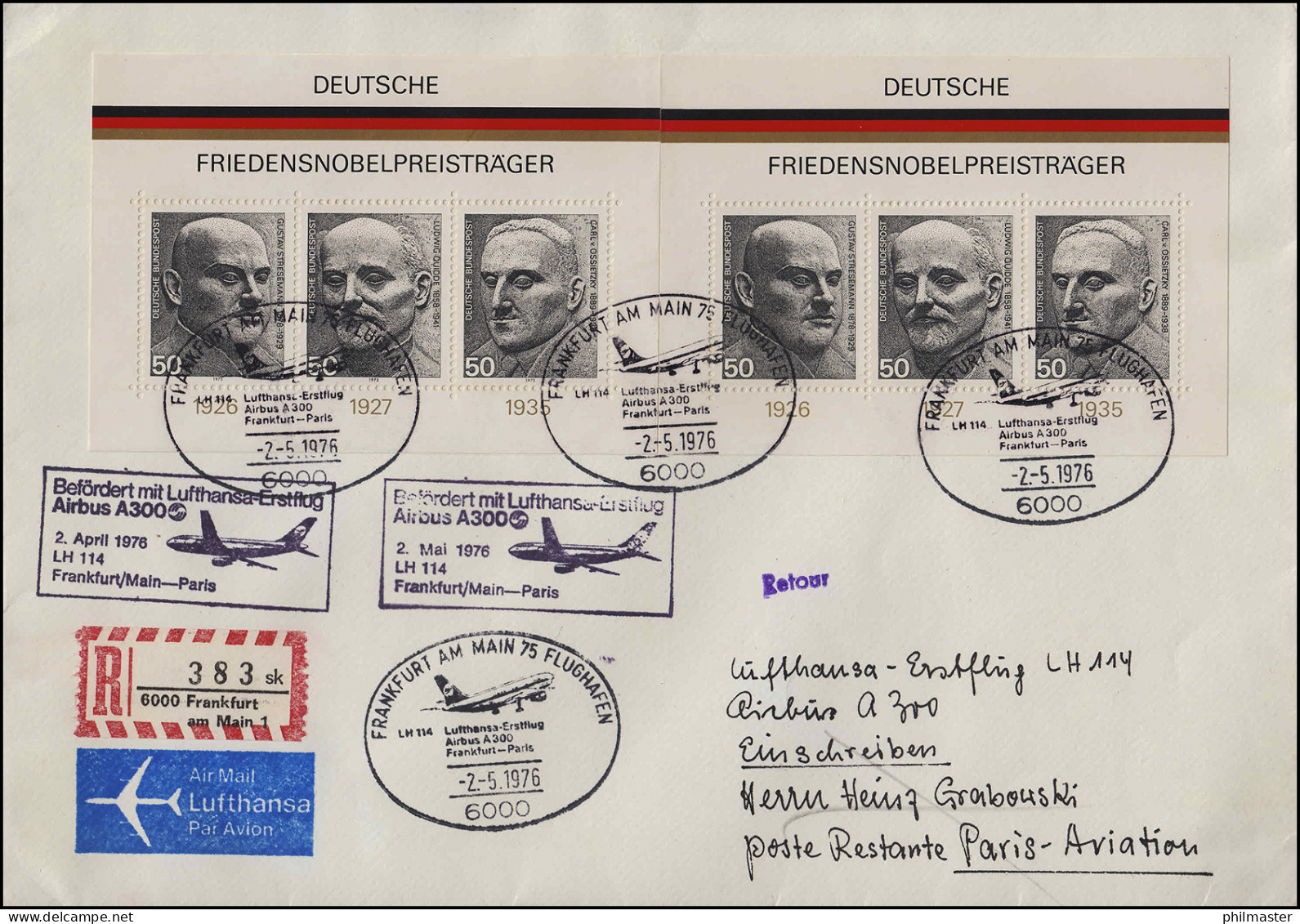 Erstflug Airbus A 300 Lufthansa LH 114 Frankfurt Main / Paris 2.5.1976 R-Brief - Erst- U. Sonderflugbriefe