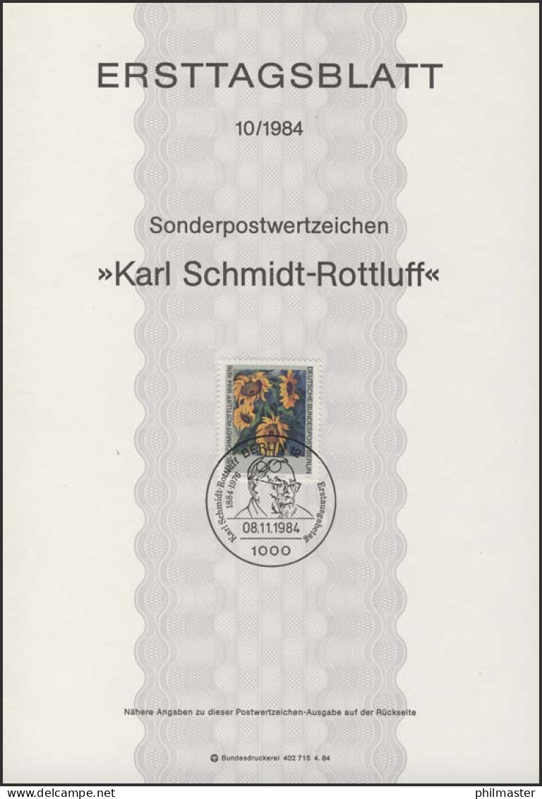 ETB 10/1984 Karl Schmidt-Rottluff, Maler - 1e Dag FDC (vellen)