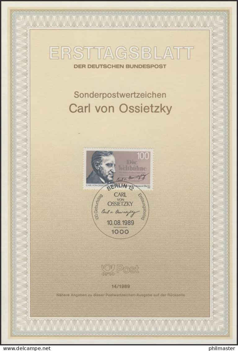 ETB 14/1989 Carl Von Ossietzky, Publizist - 1. Tag - FDC (Ersttagblätter)