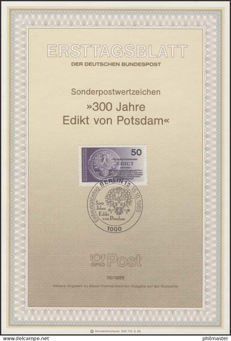 ETB 10/1985 Edikt Von Potsdam - 1e Jour – FDC (feuillets)