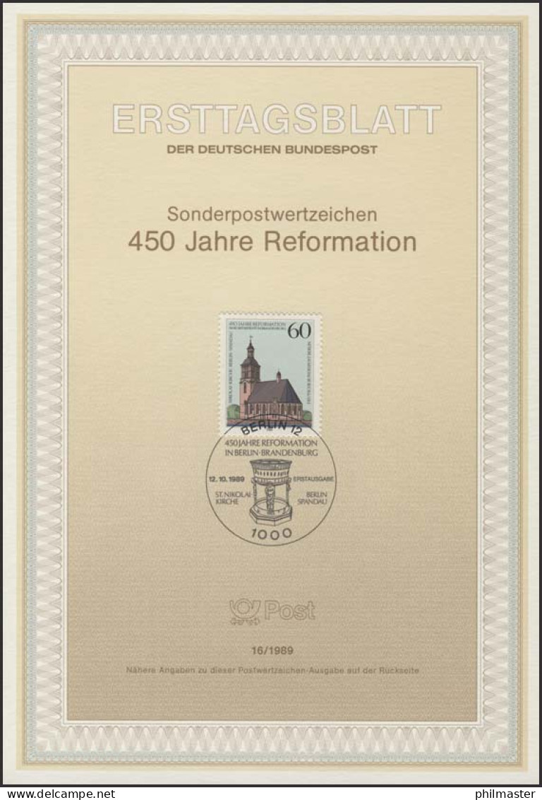 ETB 16/1989 Reformation Im Kurfürstentum Brandenburg - 1° Giorno – FDC (foglietti)