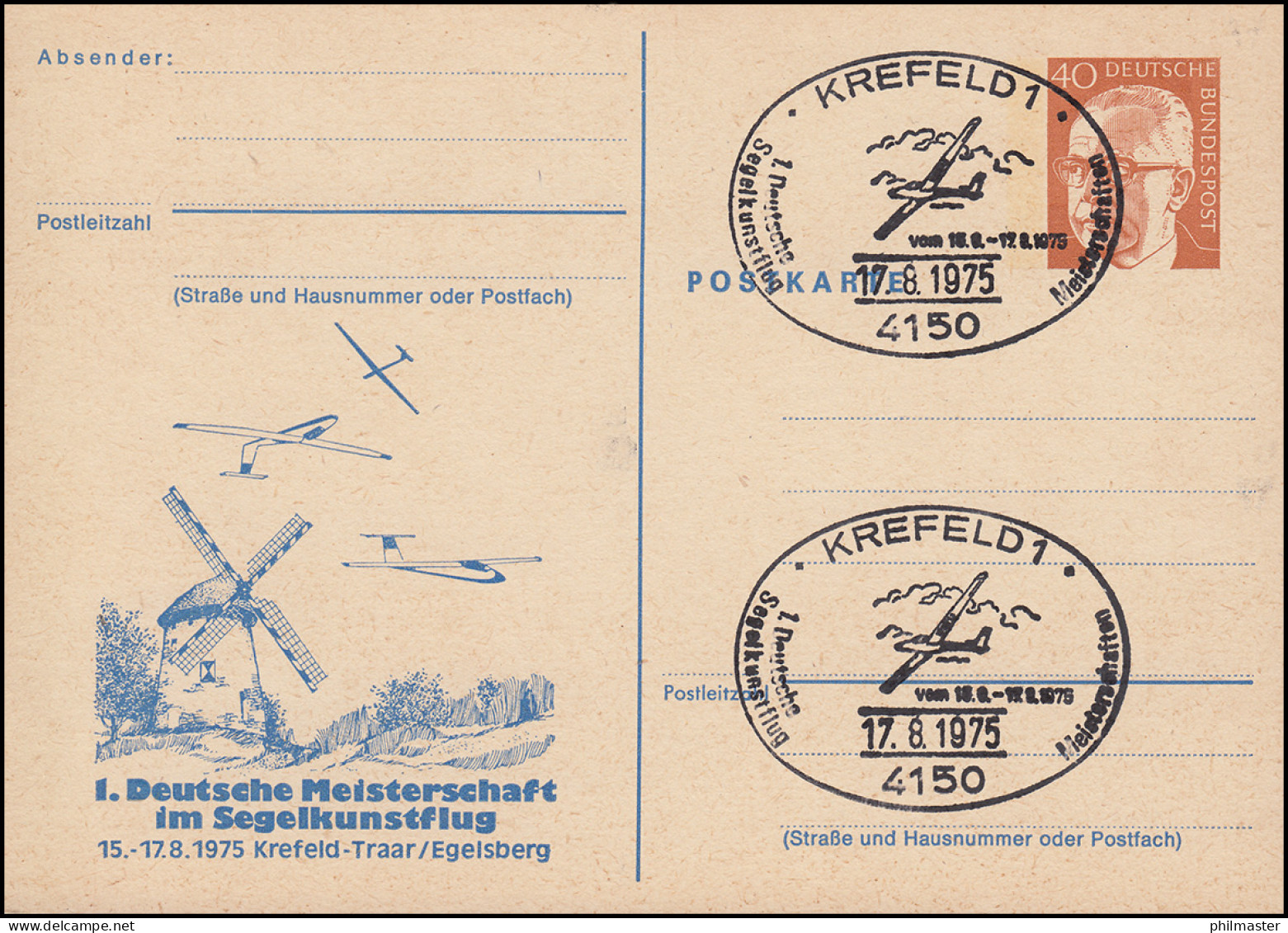 1. Deutsche Meisterschaft Im Segelkunstflug SSt KREFELD 17.8.1975 Auf PP 48/6 - Enveloppes Privées - Neuves