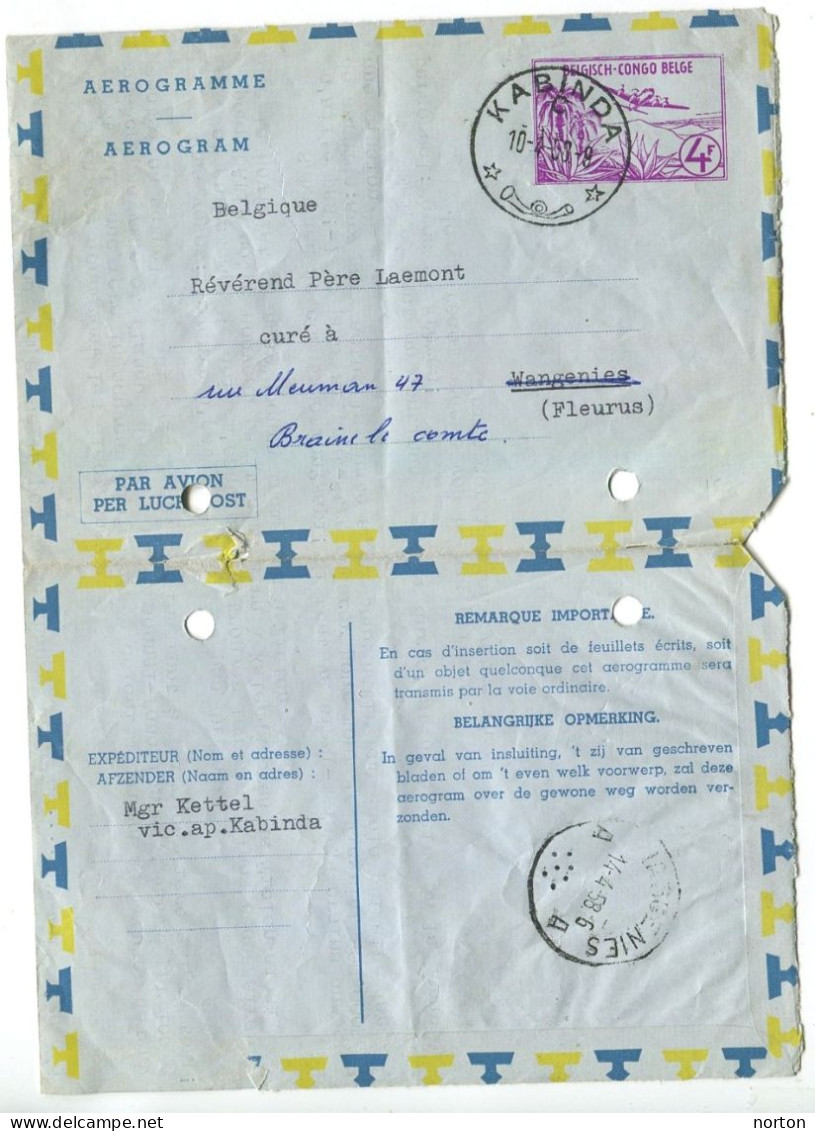 Congo Kabinda Oblit. Keach 11(C)1 Sur Aérogramme Vers Braine Le Comte Via Wangenies Le 10/04/1958 - Cartas & Documentos