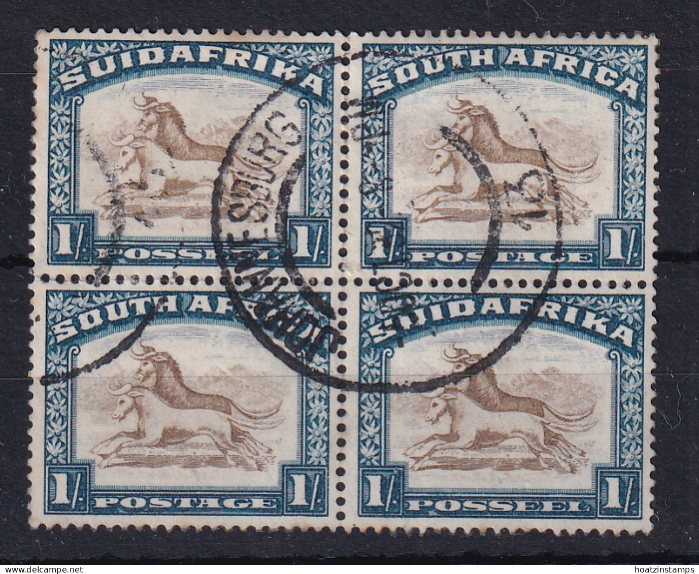 South Africa: 1930/44   Wildebeest   SG48cw     1/-    [Wmk Inverted]  Used Block Of 4 - Usados