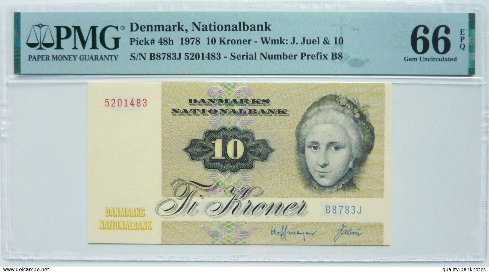 •Q-B• DENMARK 10 KRONER 1978 • P 48 H PREFIX B8 • PMG 66 GEM UNC - Dinamarca