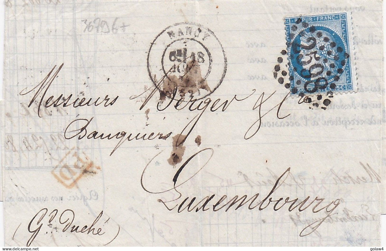 36796# RARE TARIF CERES N° 60 Lettre Obl GC 2598 NANCY 18 Aout 1874 T17 MEURTHE Pour GRAND DUCHE DE LUXEMBOURG - Postal Rates