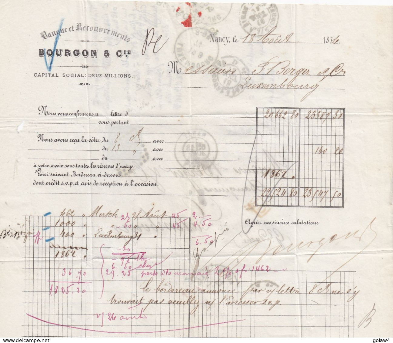 36796# RARE TARIF CERES N° 60 Lettre Obl GC 2598 NANCY 18 Aout 1874 T17 MEURTHE Pour GRAND DUCHE DE LUXEMBOURG - Postal Rates