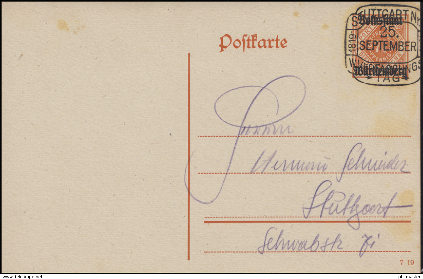 Württemberg DP 17 Volksstaat 7 1/2 Pf, SSt Stuttgart Verfassungstag 25.9.19 - Enteros Postales