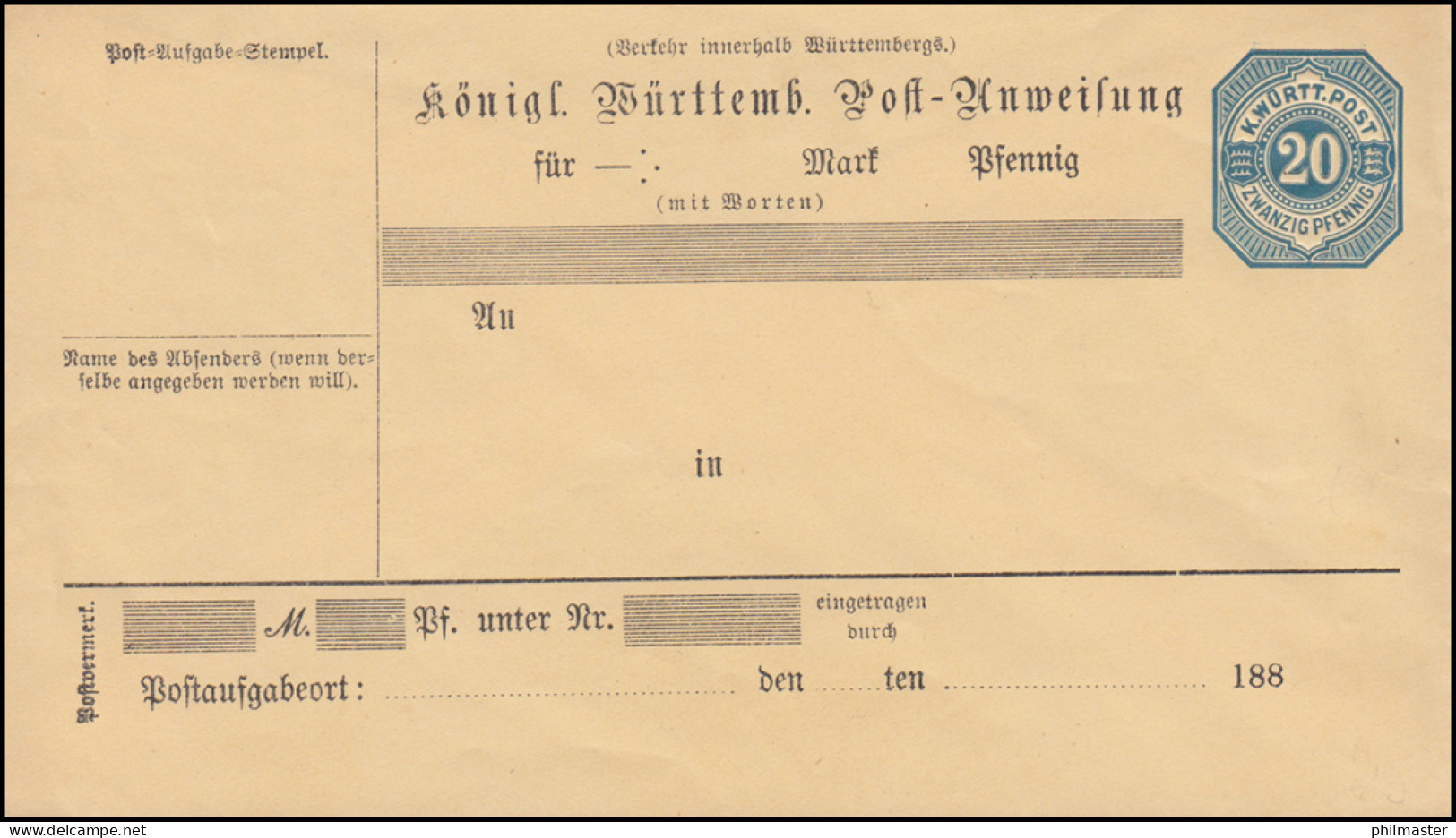 Württemberg Postanweisungumschlag AU 36 - Pfennig Blau Steiles M, Ungebraucht ** - Enteros Postales