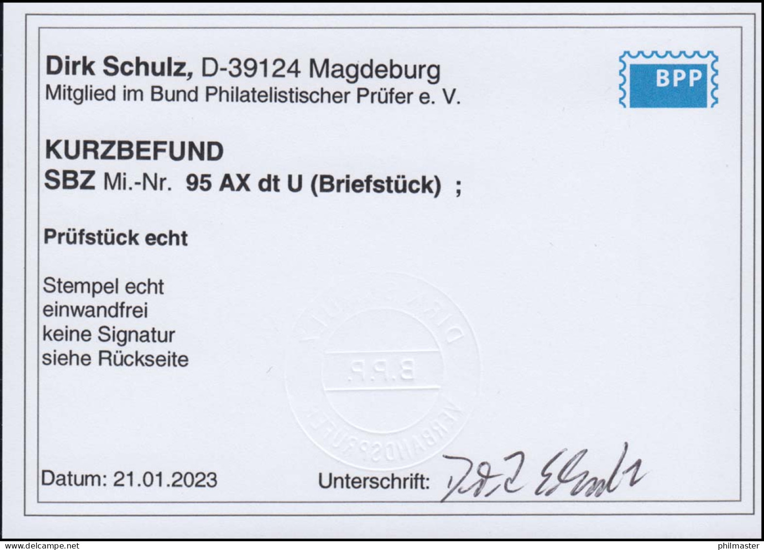95AXdtU Posthorn 6 Pf. Ungezähnt O Briefstück, Befund Schulz BPP - Used
