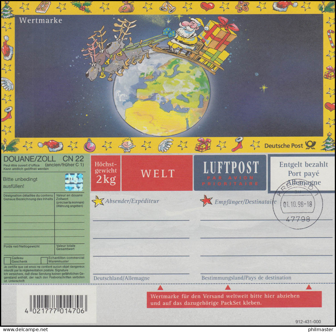 Päckchenadresszettel PZ 8/01 Weihnachten WELT, Ersttagsstempel KREFELD 1.10.98 - Franking Machines (EMA)