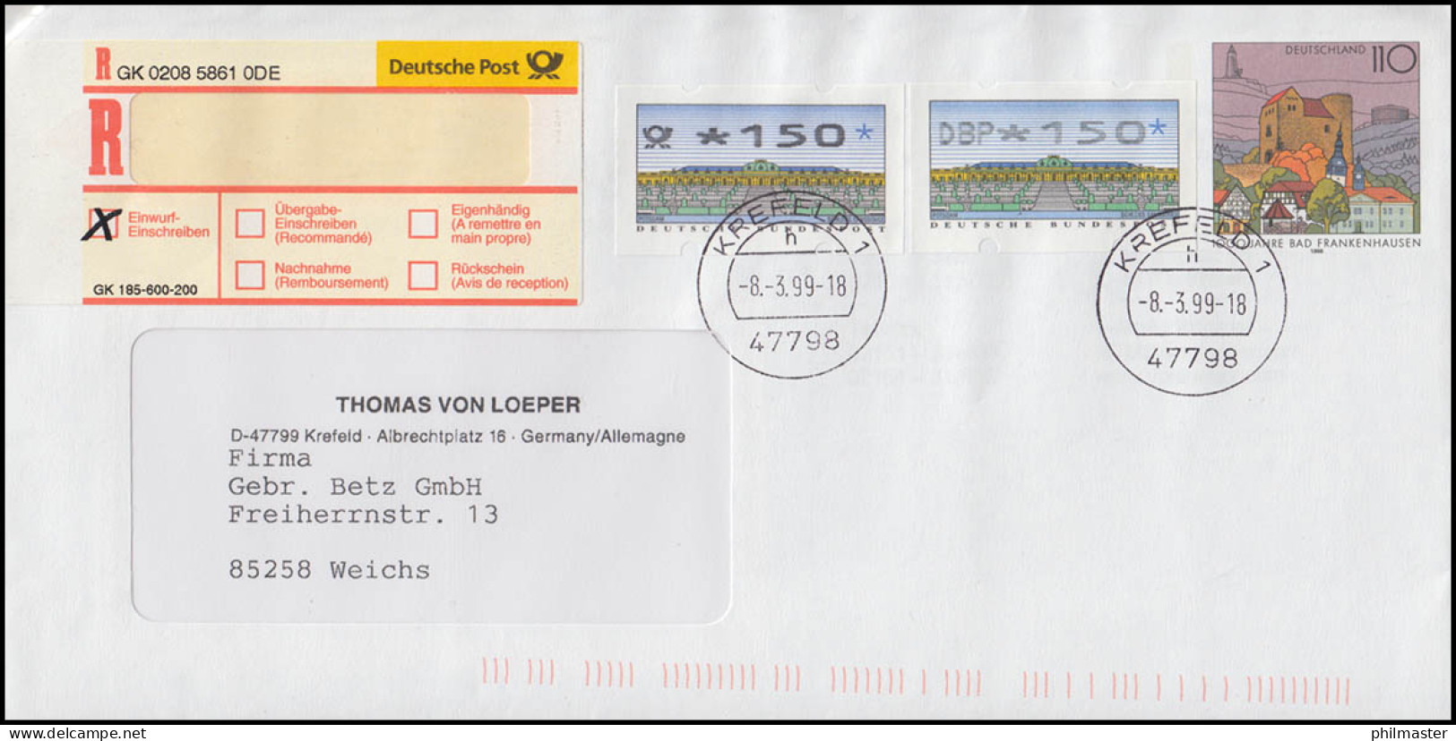 2.2.1 ATM DBP Und 2.2.3 ATM Posthorn Auf USo 2Y Als R-FDC KREFELD 8.3.1999 - Briefomslagen - Ongebruikt