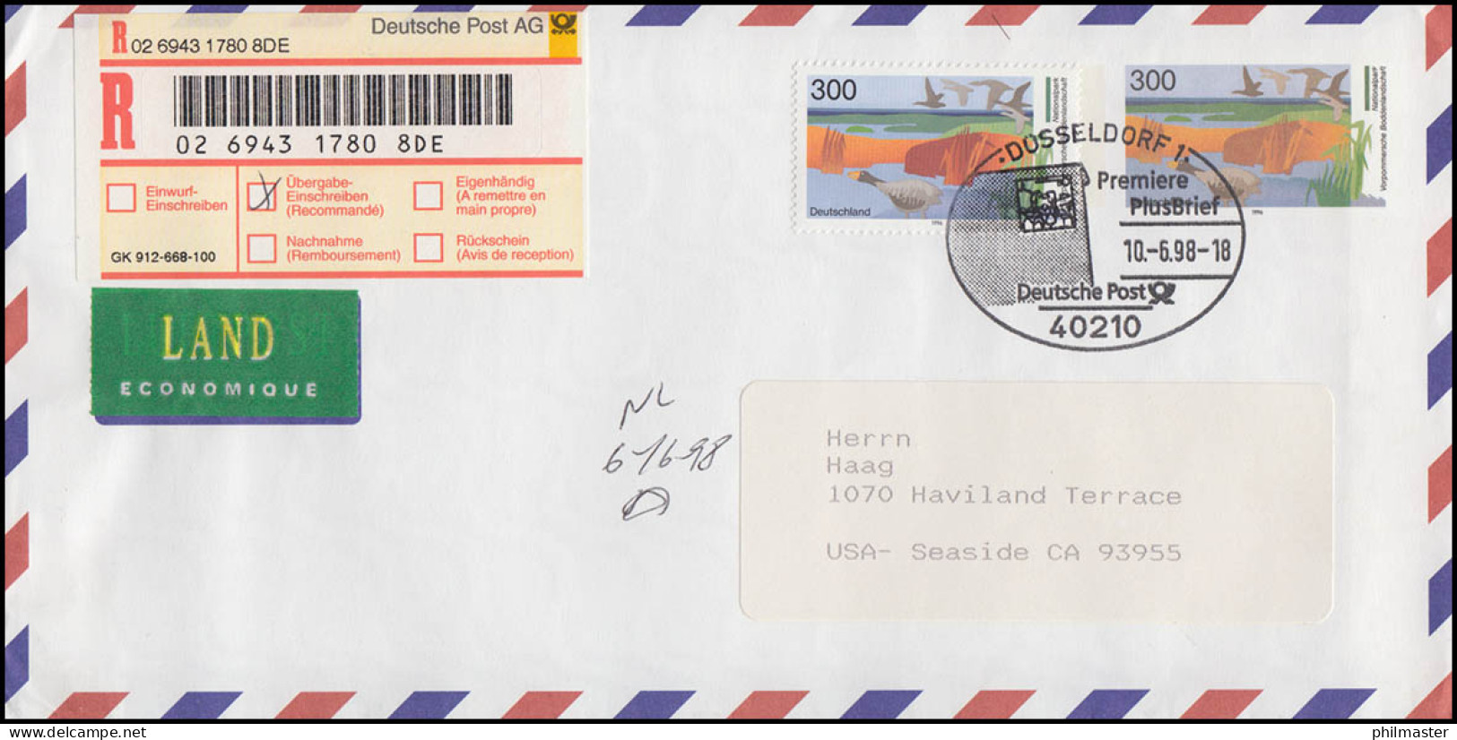 USo 3 Mit Passender Zusatzfrankatur Als R-FDC ESSt DÜSSELDORF 10.6.98 In Die USA - Briefomslagen - Ongebruikt