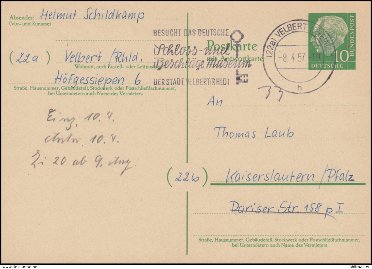 Postkarte P 31 Mit Werbestempel Schloss- Und Beschläge-Museum VELBERT 8.4.1957 - Postkaarten - Ongebruikt