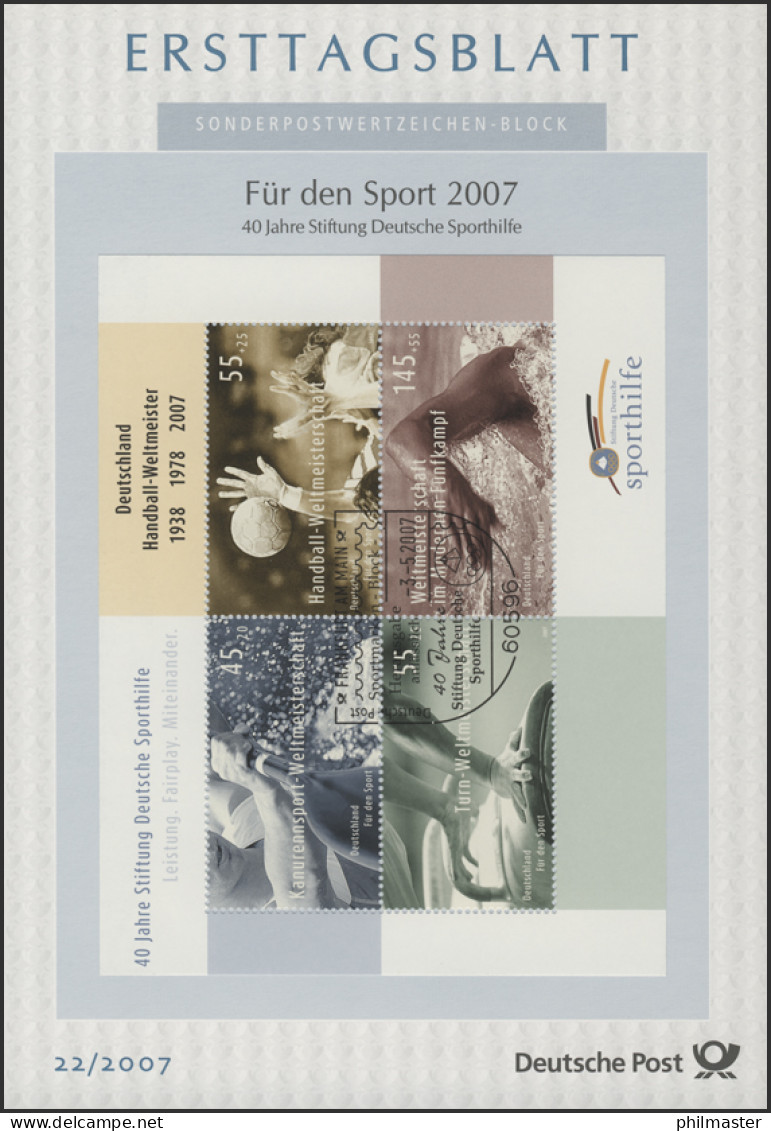 ETB 22/2007 Block 70 Sport, Handball, Turnen, Kanufahren, Moderner Fünfkampf - 2001-2010