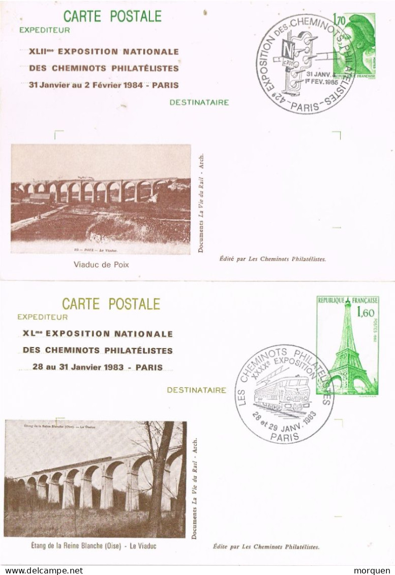 54851. Dos (2) Entero Postal PARIS 1983 Y 1985. CHEMINOTS Philatelistes. Ferrocarril, Viaductos - Pseudo Privé-postwaardestukken