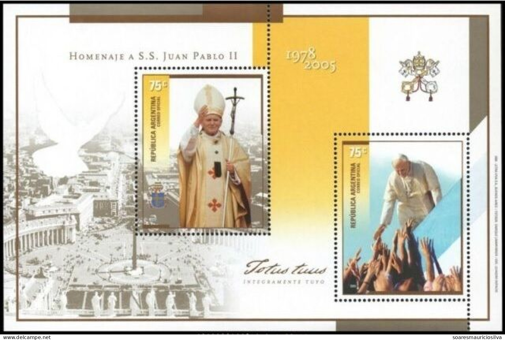 Argentina 2005 Souvenir Sheet Saint Pope John Paul II Vatican Saint Peter's Square Dove Religion Mint - Pausen