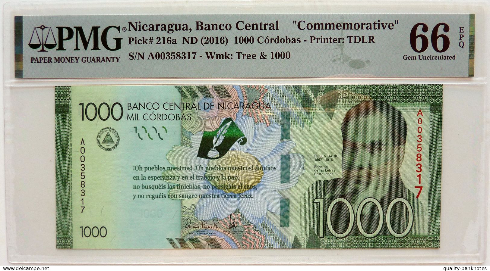 •Q-B• NICARAGUA 1000 CORDOBAS SERIAL A COMMEMORATIVE 2016 •P 216 A • PMG 66 UNC - Nicaragua