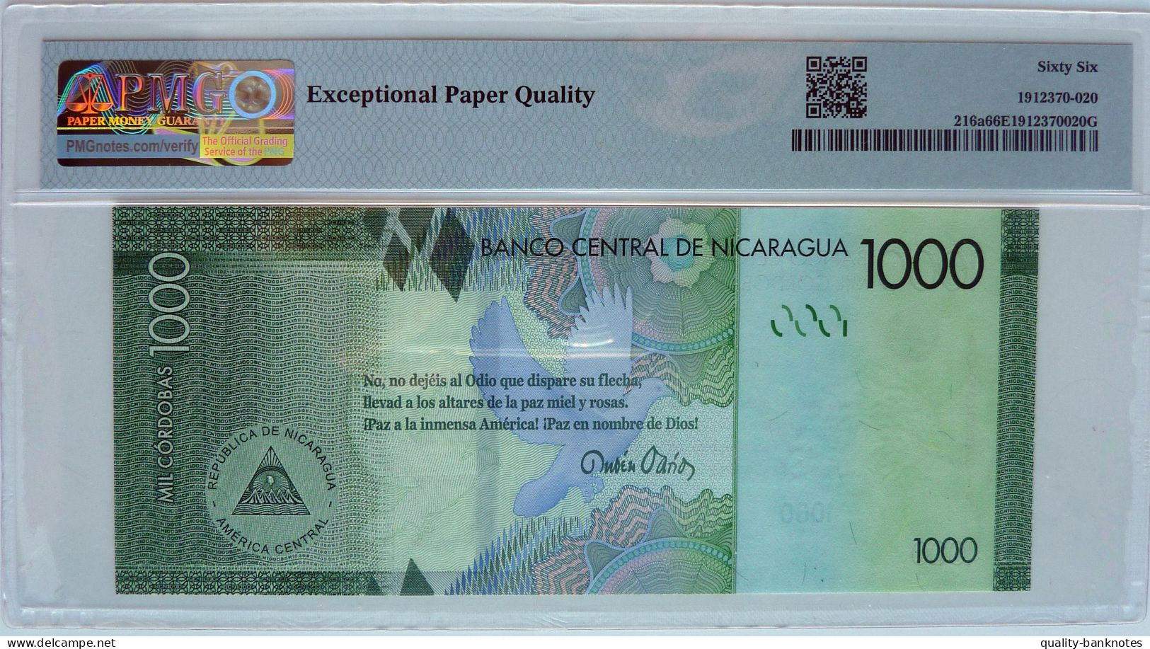 •Q-B• NICARAGUA 1000 CORDOBAS SERIAL A COMMEMORATIVE 2016 •P 216 A • PMG 66 UNC - Nicaragua