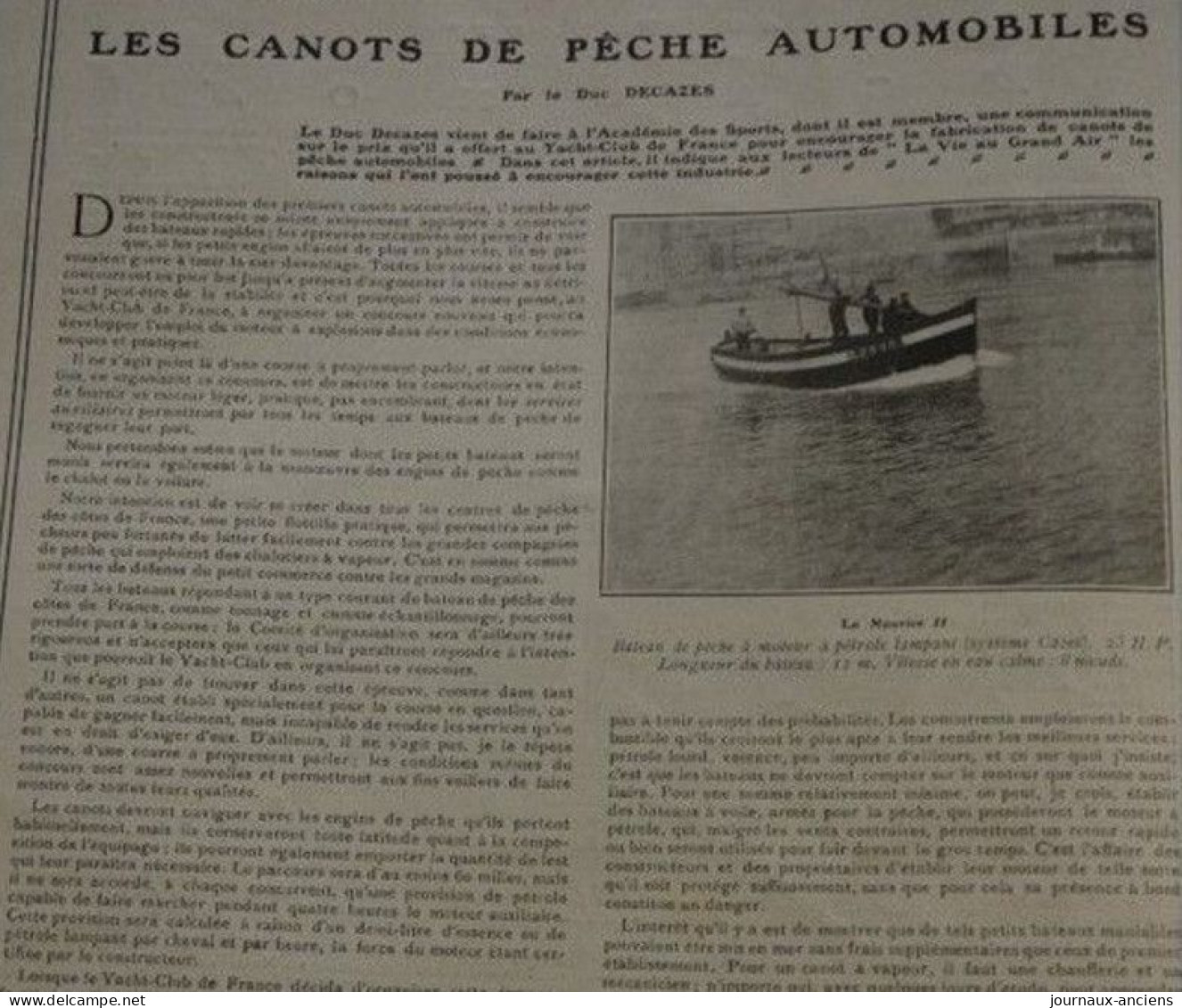 1906 LES CANOTS DE PÊCHE AUTOMOBILES Par Le Duc DECAZES - LA VIE AU GRAND AIR - 1900 - 1949