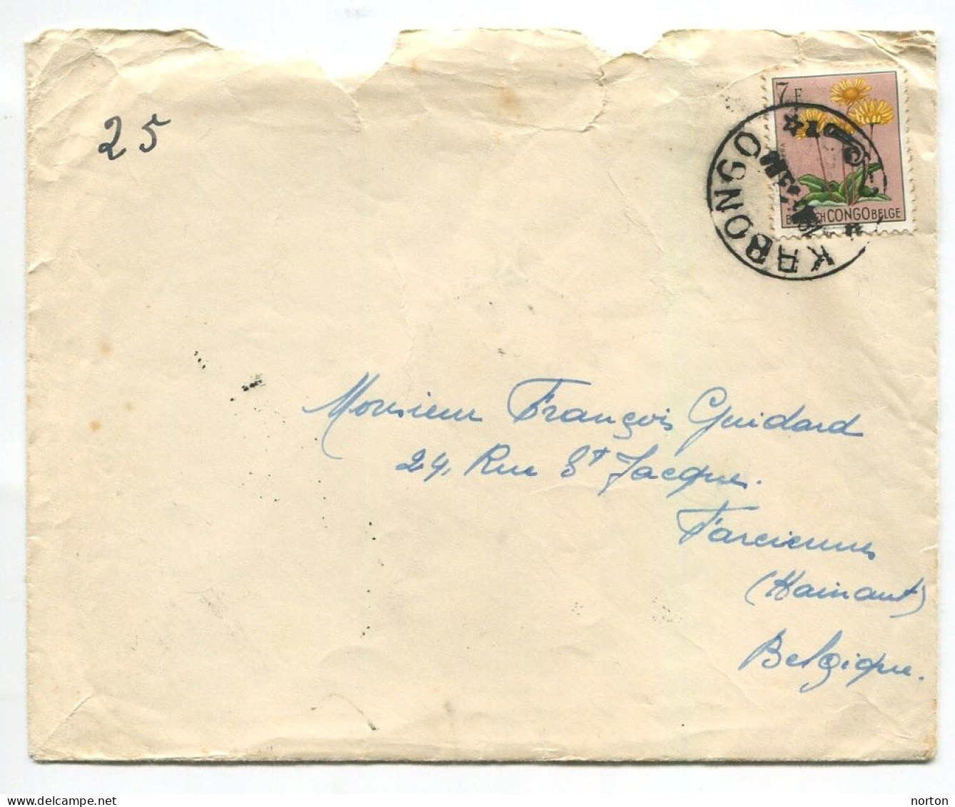 Congo Kabongo Oblit. Keach 8A2 Sur C.O.B. 318 Sur Lettre Vers Farciennes Via Charleroi Le 19/09/1953 - Storia Postale
