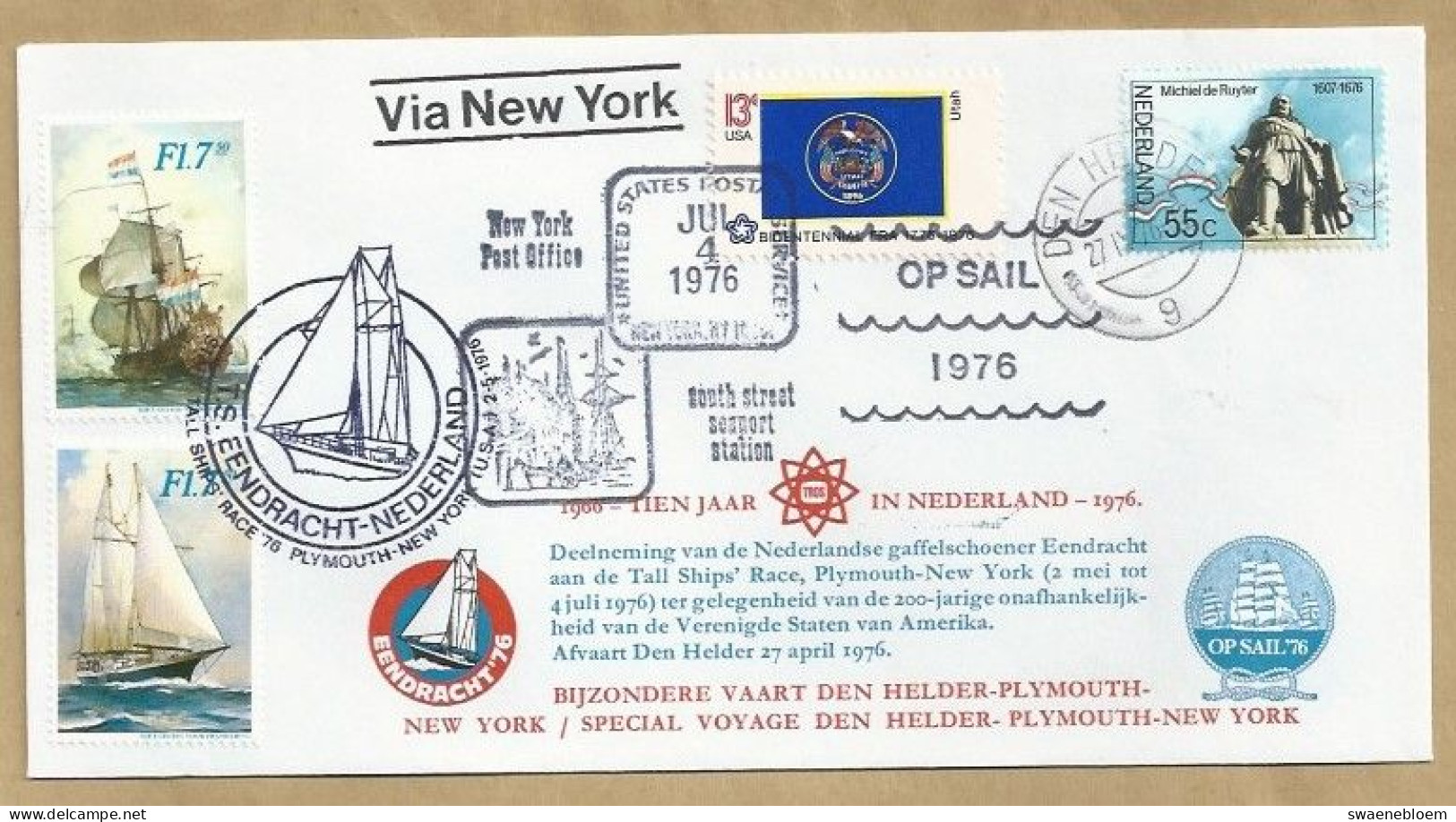 US.- START TALL SHIPS' RACE VAN DEN HELDER-PLYMOUTH NAAR NEW YORK. HERDENKINGSENVELOPPE, 1976. OP SAIL '76. - Andere & Zonder Classificatie