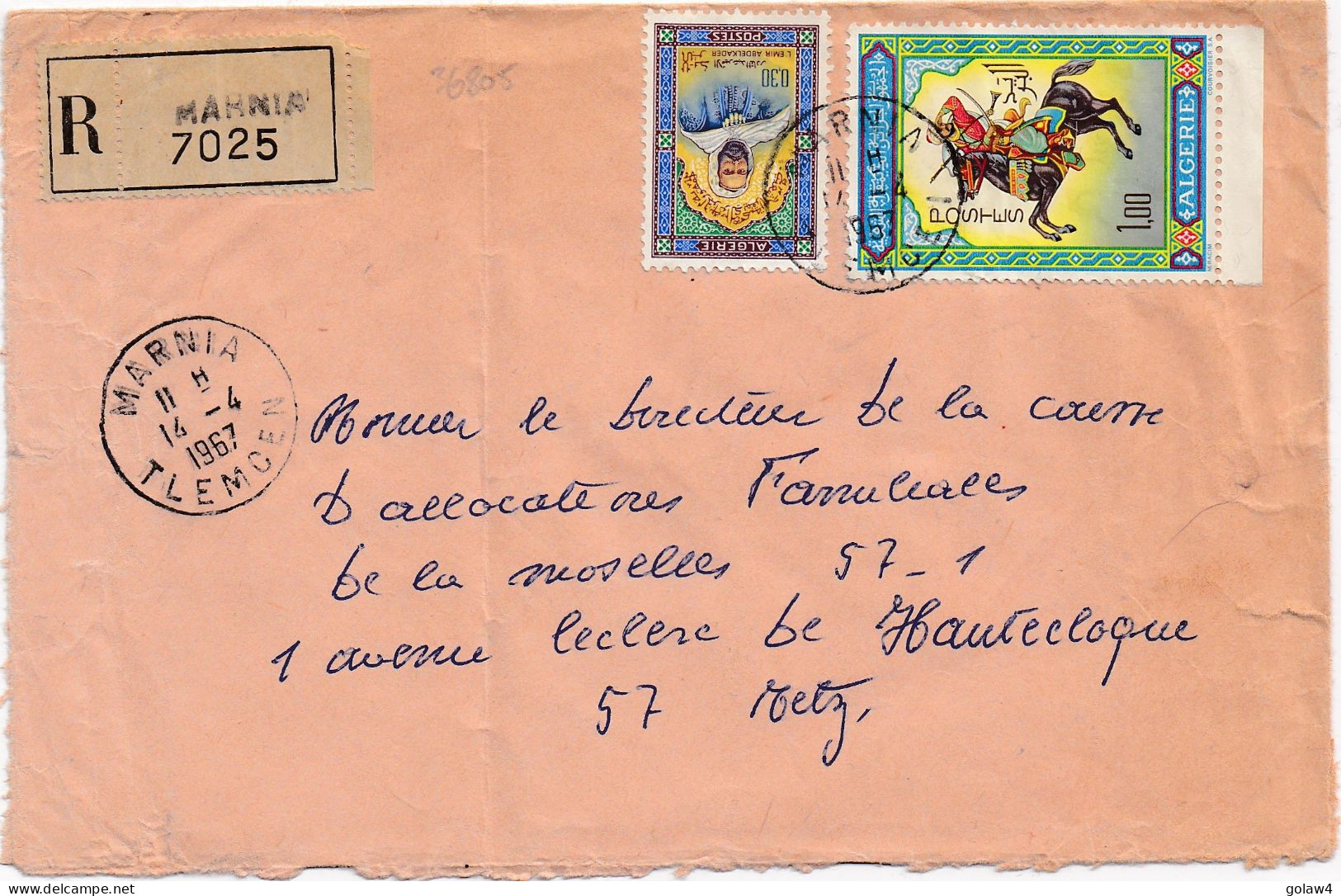 36805# ALGERIE LETTRE RECOMMANDE Obl MARNIA TLEMCEN 1967 Pour METZ MOSELLE - Algeria (1962-...)