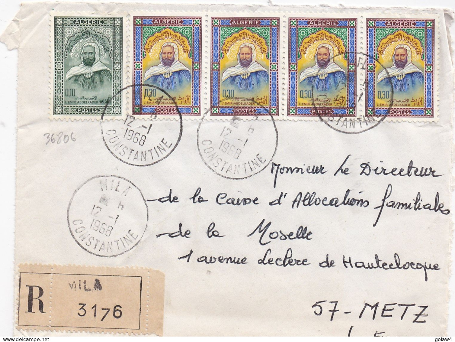 36806# ALGERIE LETTRE RECOMMANDE Obl MILA CONSTANTINE 1968 Pour METZ MOSELLE - Algeria (1962-...)