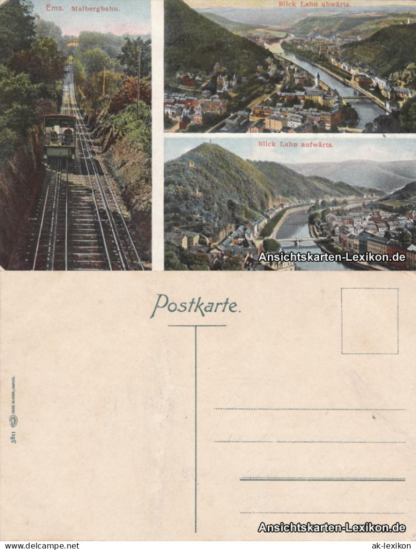 Ansichtskarte Bad Ems 3 Bild Panorama Und Malbergbahn 1914 - Bad Ems