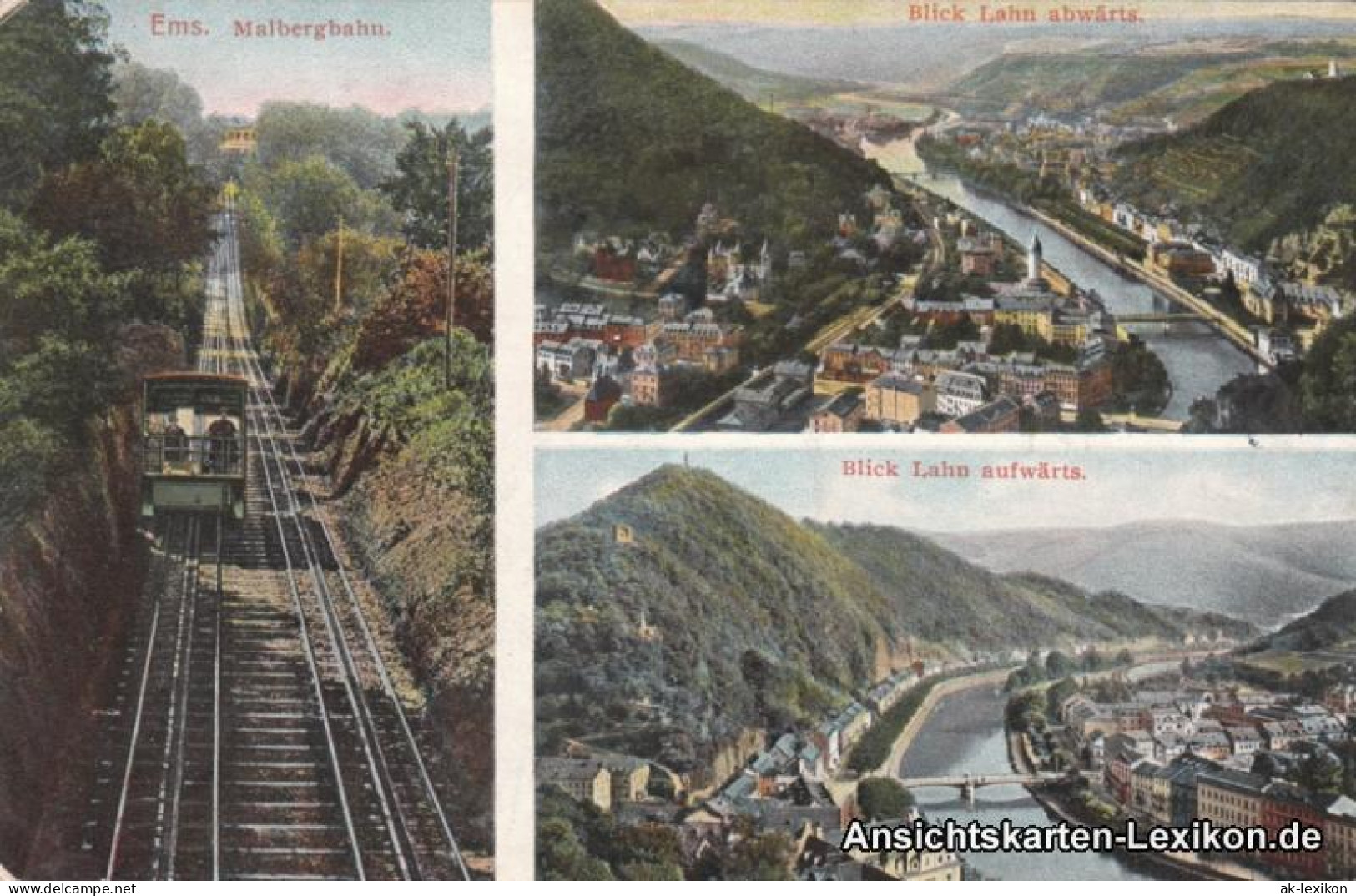 Ansichtskarte Bad Ems 3 Bild Panorama Und Malbergbahn 1914 - Bad Ems