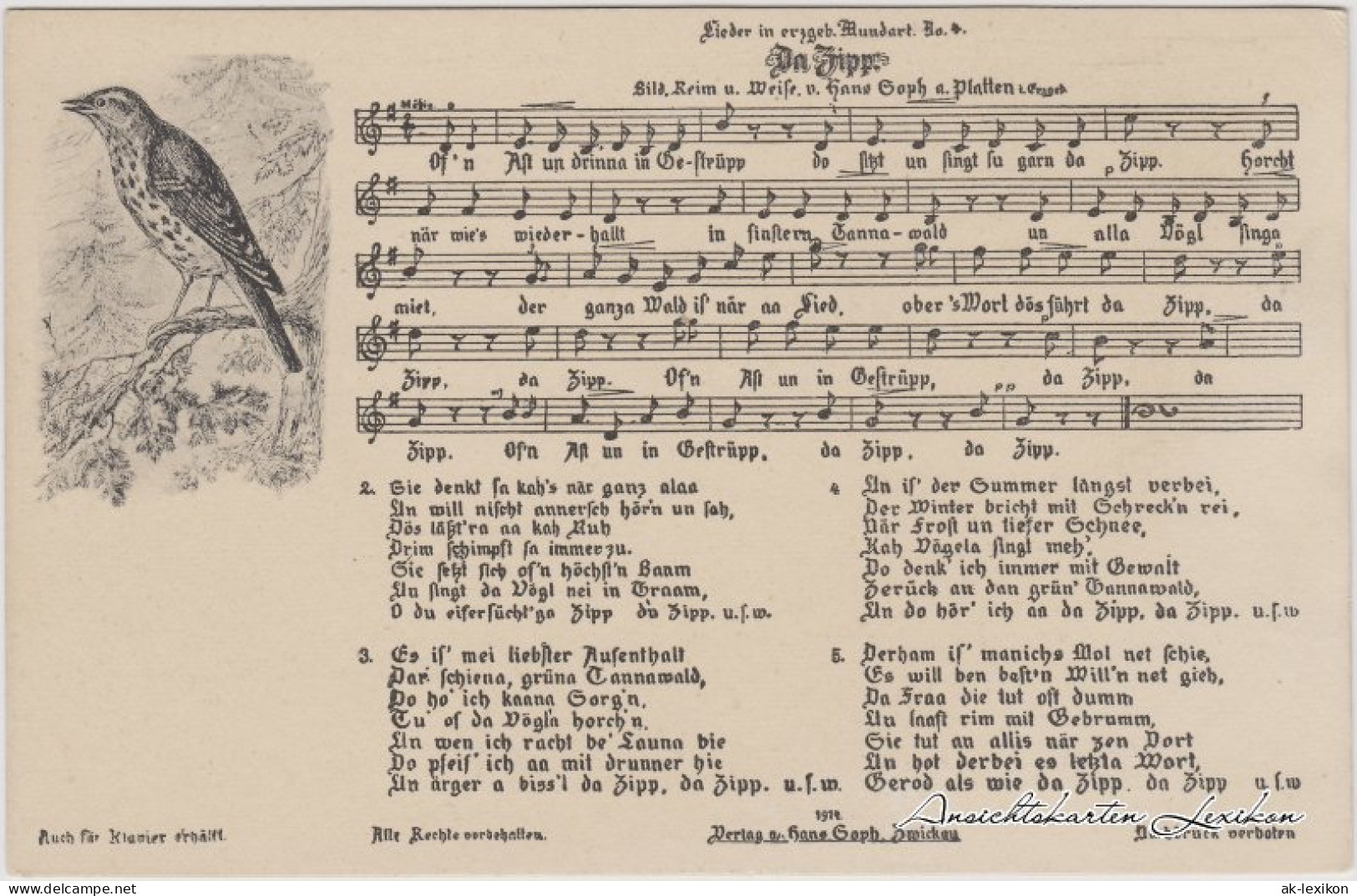 Ansichtskarte  Da Zipp: Liedkarte In Erzgebirgischer Mundart 1914 - Musique