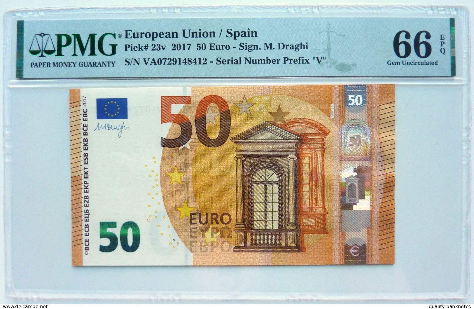 •Q-B• EUROPEAN UNION• SPAIN 50 EURO 2017 • DRAGHI V001 • P 23 V• PMG 66 UNC 1/2 - 50 Euro
