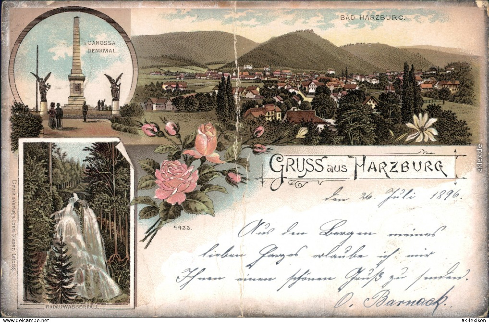 Ansichtskarte Bad Harzburg 3 Bild: Litho: Panorama, Denkmal 1898  - Bad Harzburg