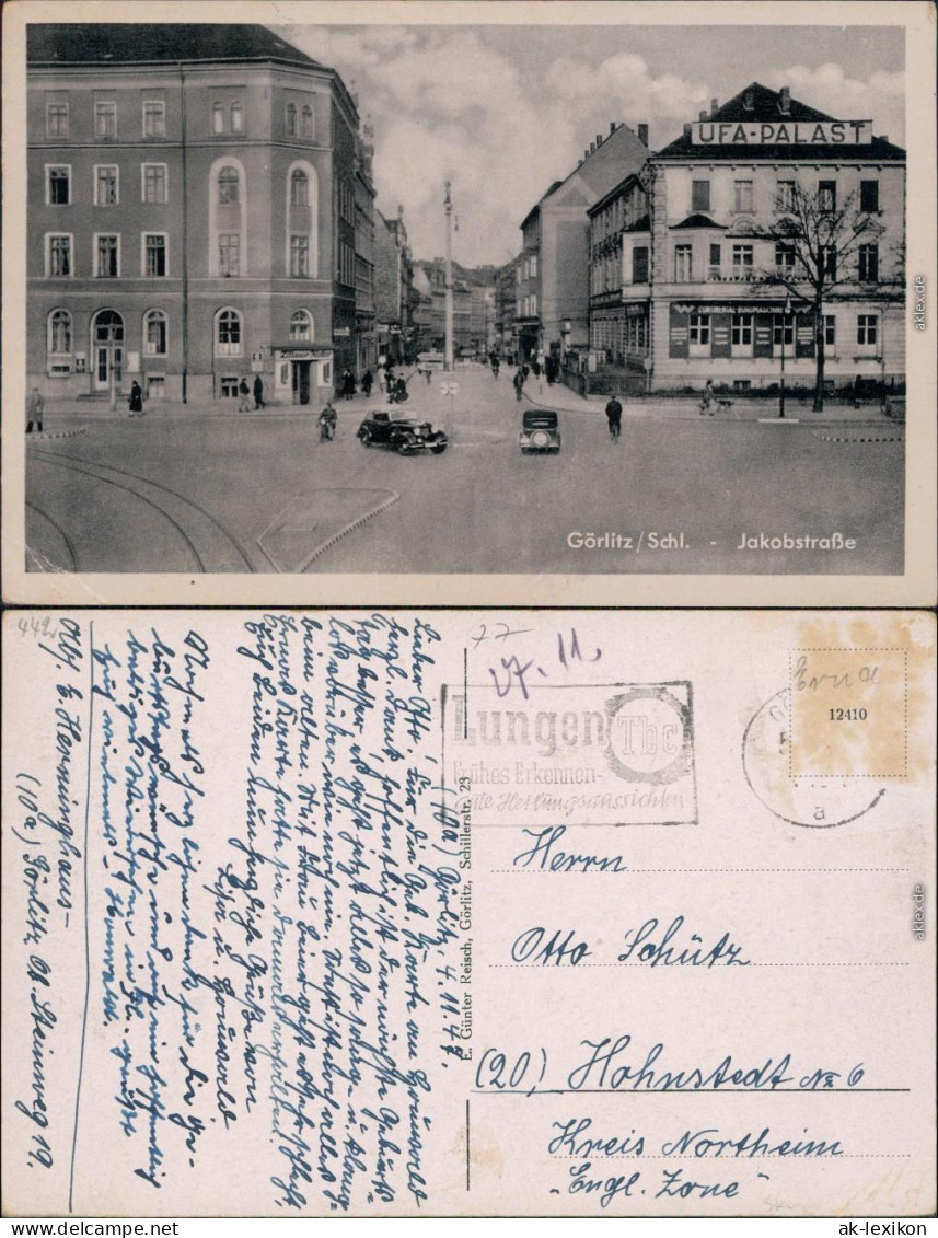 Görlitz Zgorzelec Jakobstraße Mit UFA-Palast Und Oldtimerverkehr 1945 - Goerlitz