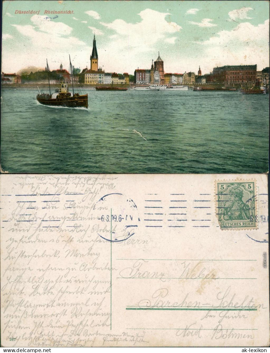 Ansichtskarte Düsseldorf Rheinansicht Mit Fähre Und Dampfer 1909  - Duesseldorf