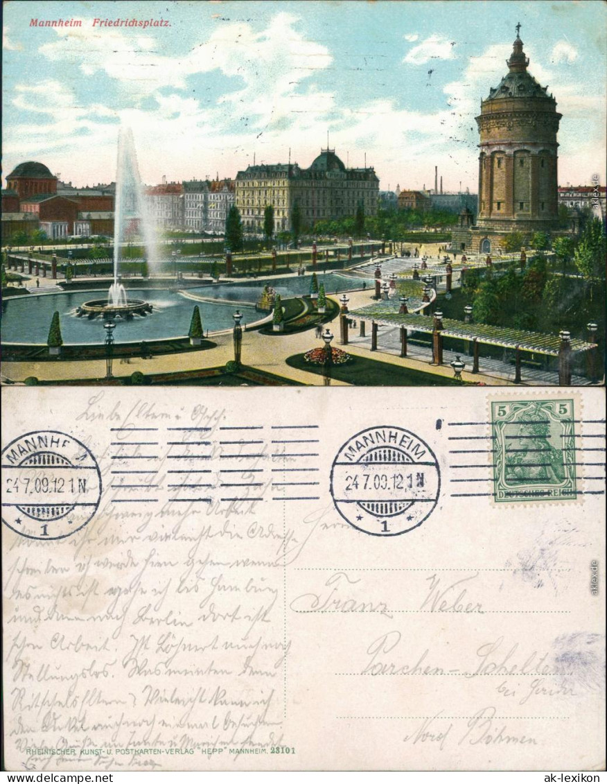 Ansichtskarte Mannheim Friedrichsplatz Mit Riesen Fontäne Und Wasserturm 1909 - Mannheim