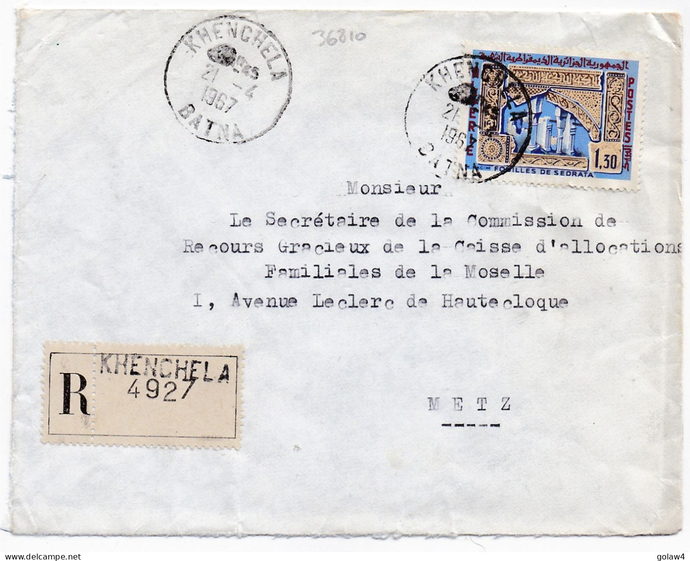 36810# ALGERIE LETTRE RECOMMANDE Obl KHENCHELA BATNA 1967 Pour METZ MOSELLE - Algérie (1962-...)